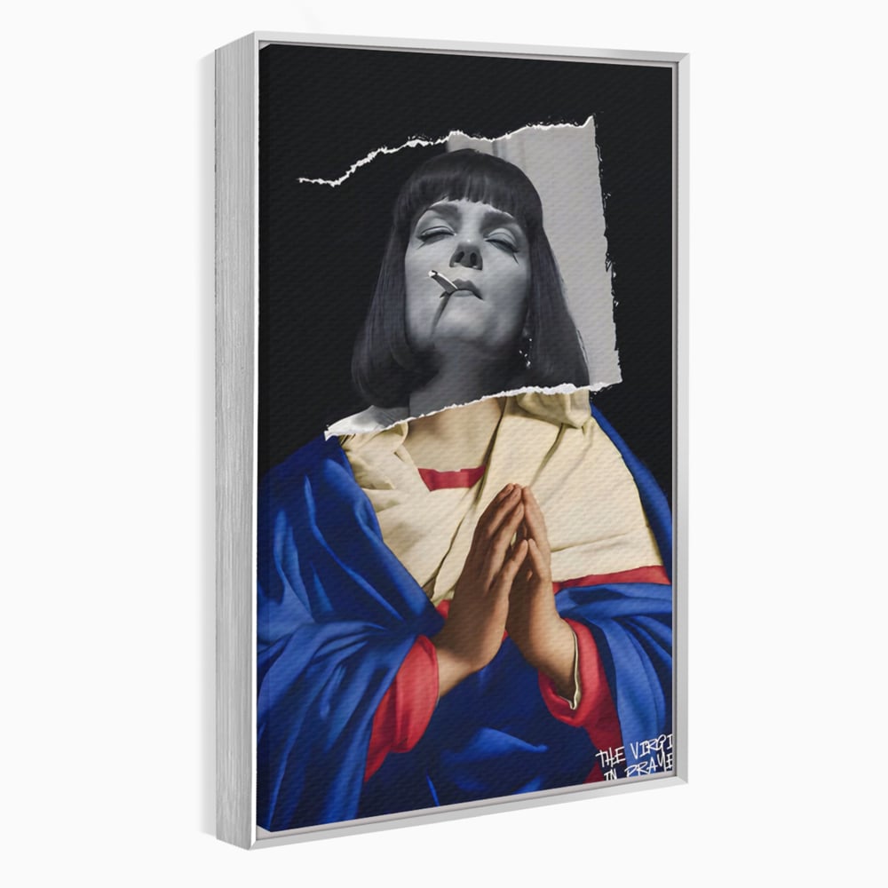 Tablou canvas cu tablou canvas cu colaj suprarealist, in rama de aluminiu argintiu